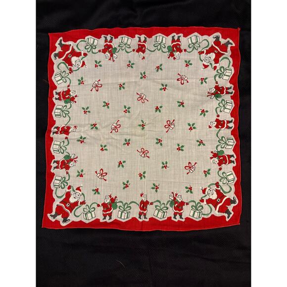 Scenic Santa & Gifts Border Vintage Christmas Handkerchief  Pocket Square - Picture 1 of 4